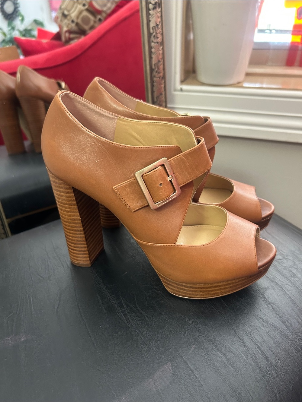 Michael Kors Tan Leather Platform Peep-Toe Mary Jane Heels